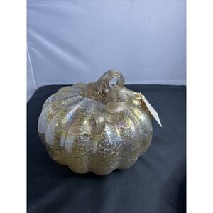 Acorn+Oak Gold Spotted Blown Glass Pumpkin Curly Stem Elegant Fall Decor 9” NEW